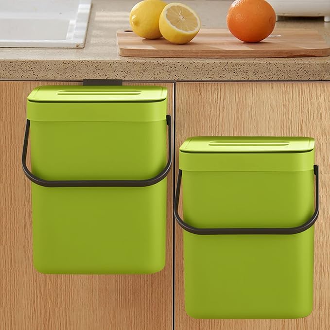 LALASTAR Small Plastic Trash Can, Hanging Small Trash Can with Lid Under Sink for Kitchen, Food Waste Bin for Countertop, Mountable Garbage Can for Bathroom, RV, 5L/1.3 Gal, Green