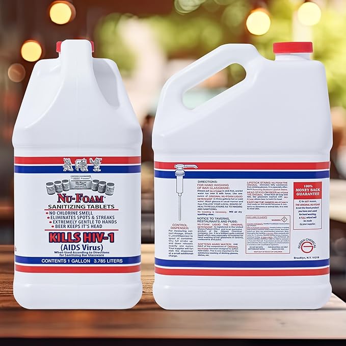 Nu-Foam Liquid Detergent for Bar Glassware – Original Streak-Free Solution - Hand Washing Bar, Tavern, Brewery Supplies - Concentrated - 1 Gallon