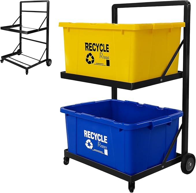 Recycling Cart,2-Tier Recycle Bin Cart with Wheels,Holds up to 140 Lbs,Rolling Utility Organizer for Garbage Sorting,Warehouse and Garage (Black)