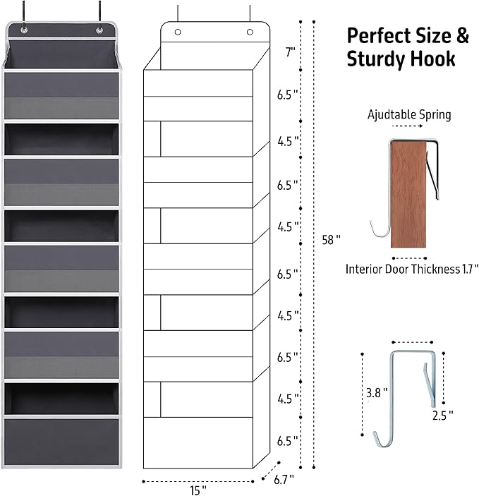 Over Door Organizer with 5 Large Pockets, Heavy Duty Hanging Organizer Storage, Closet Bathroom Nursery Bedroom Dorm, Toys Cosmetics Sundries and Baby Essentials, Gray