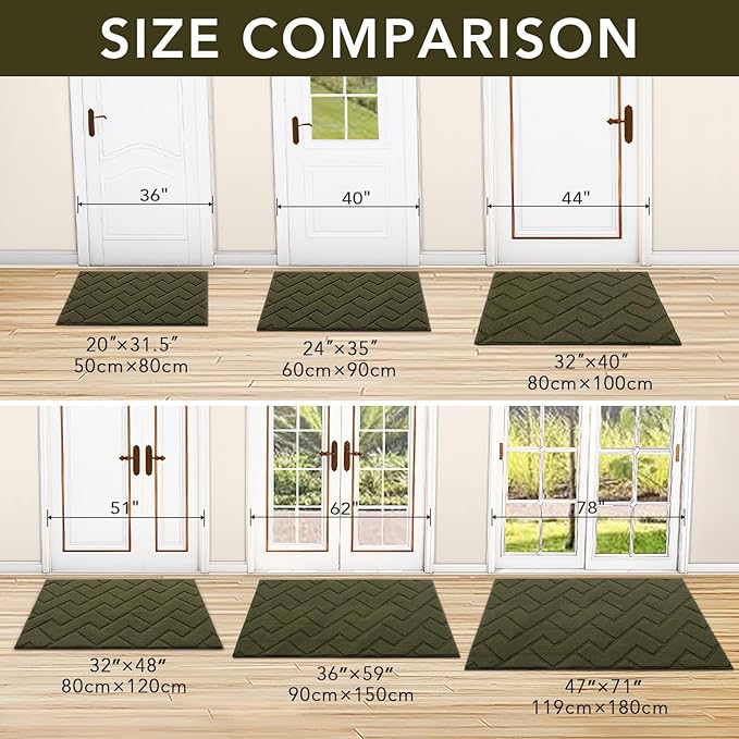 hicorfe Front Door Mat Outside Entrance,36"x59" Absorbent Muddy Dirt Resist Welcome Door Mats Outdoor Indoor,Stain and Fade Resistant,Non Slip Backing Entry Mat Doormat for Entryway(Oliver Green)