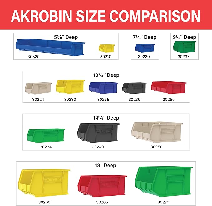 Akro-Mils 30240 AkroBins Plastic Storage Bins, Space-Saving Stackable Bins for Garage, Pantry, Craft Organization, 15" x 8" x 7", Stone, 12-Pack