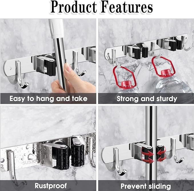 2 Racks and 3 Hooks Broom and Mop Holder Wall Mounted Garage Organizer Storage Tool Racks Stainless Steel Heavy Duty Hooks Self Adhesive Solid Non-slip Wall Hangers for Home Kitchen Garden Laundry