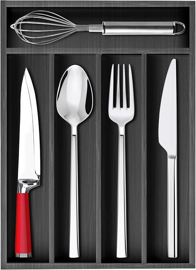 Ayiaren Small Kitchen Silverware Organizer Wooden Utensil Drawer Organizers Narrow Flatware Tray Wood Flatware Organizer for Drawer Spoon Organizer Black Utensil Holder Drawers Bamboo Silverware Tray
