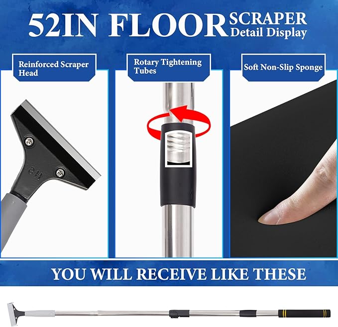 Floor Scraper Telescopic, 38 to 52in 4Inch Razor Blade Floor Scrapers Long Handle Heavy Duty Extension Pole Metal Paint Scraper with 10PCS Extra Metal Blades Paint Scraper (Gray, 4Feet)