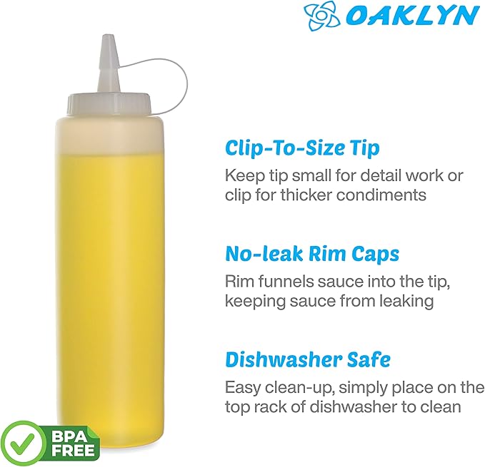 Oaklyn Squirt Bottles 16oz, 6 Pack – BPA-Free Condiment Squeeze Bottles for Sauces, Dressings, Oils, BBQ & Crafts – Durable, Leak-Proof, Easy to Fill & Clean