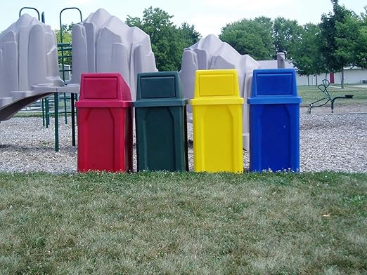 32 Gallon Square 100% Recycled Plastic Heavy Duty Outdoor Trash Can with Push Lid - Great for Schools and Businesses - Orange