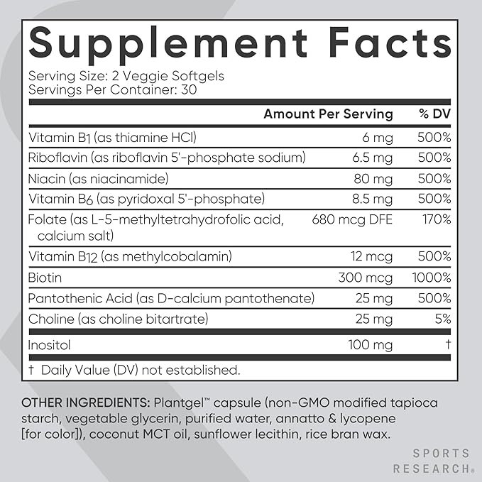 Sports Research® Vitamin B-Complex - Full Spectrum of B Vitamins with Methylated B12 & Folate - Gluten Free · Plant-Based · Non-GMO · Vegan-Friendly Formula - 60 Veggie Softgels