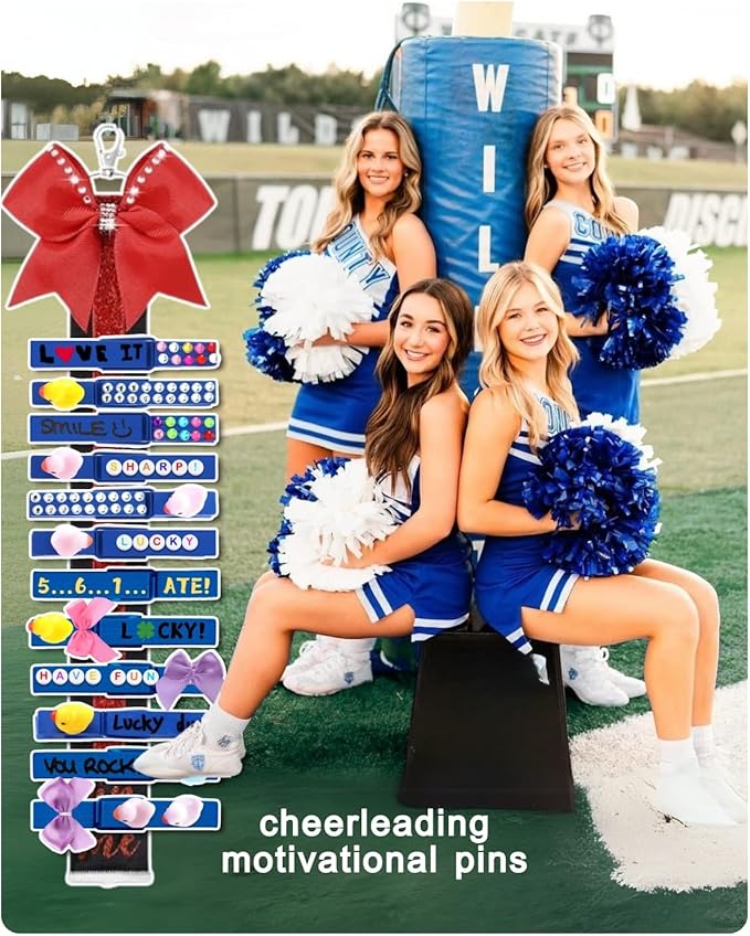 Cheer Pins for Backpack Cheer Stuff Kit 70 Blue Colored Clothes Pins with Mini Resin Ducks Bows Letter Beads Team Cheerleaders Gifts Bulk Pin Me Ribbon for Bag Decorations Competition Spirit Clips