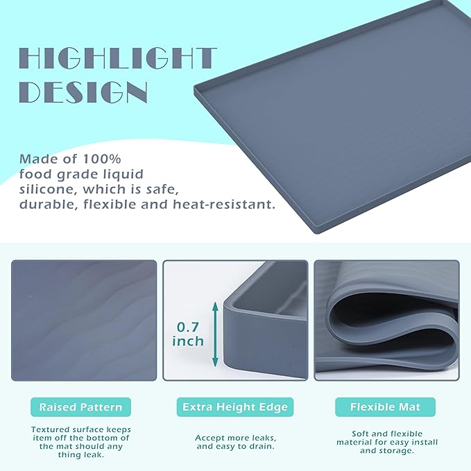 URMONA Waterproof Silicone Under Sink Mat 19'' x 12'' Shelf Liner for Kitchen and Bathroom, Cabinet and Counter Protector, Storage and Organizers, Litter Mat, Pet Cat Puppy Essentials(Dark Grey)