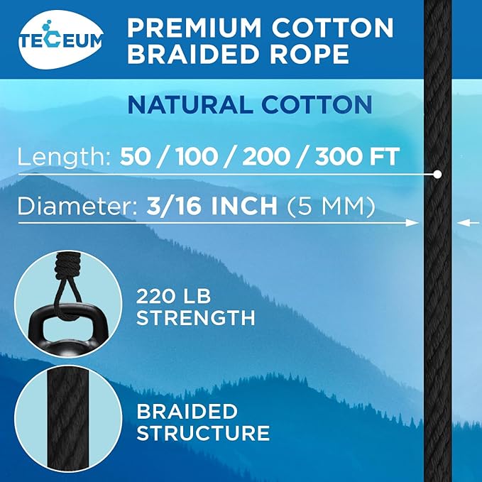 TECEUM Cotton Rope 3/16” (5 mm) – 200 FT – Strong All-Purpose Braided Rope – Natural Cotton – for Crafting, Сamping, Clothes Line, DIY, Indoor & Outdoor Use – Black