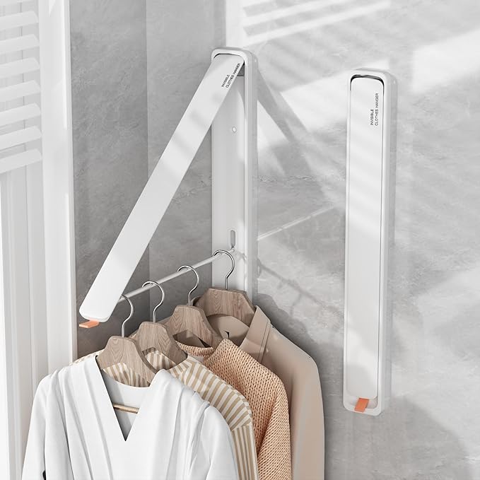 Clothes Drying Rack for Laundry Drying Rack Wall Mounted Clothes Hanger Rack Retractable Laundry Hanger Dryer Rack Space Saving Closet Organizer Aluminium (White)