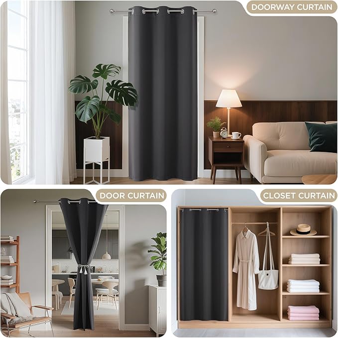 Joydeco Blackout Door Curtain for Doorway Privacy 78 Inches Long, Grommet Closet Curtain for Open Closet, Room Divider for Bedroom Living Room (Grey, 52Wx78L, 1 Panel)