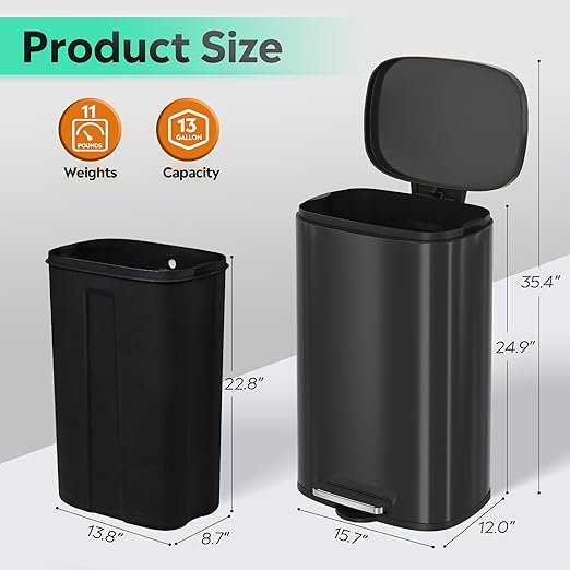 WLIVE 13 Gallon Stainless Steel Trash Can with Inner Bucket, Kitchen Garbage Can with Lid, 50L Soft Close Step Trash Can with Metal Foot for Home, Kitchen, Laundry Room, Office, Black