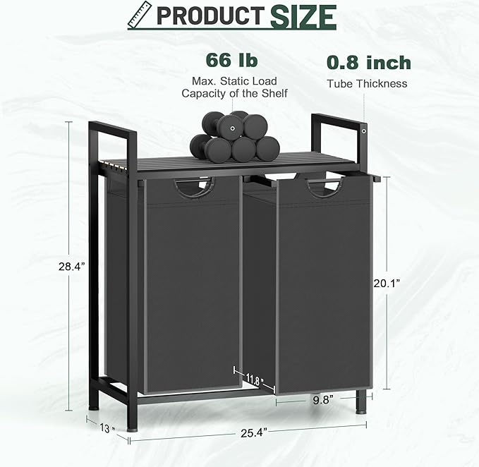 Laundry Hamper, Laundry Sorter with 2 Pull-Out Removable Oxford Fabric Bags Cloth Laundry Basket 2 x 10 Gallons (Grey and Charcoal Black)