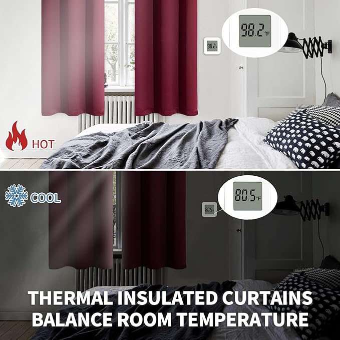 BGment Burgundy Blackout Curtains 54 Inch Long for Bedroom - Rod Pocket Thermal Insulated Room Darkening Window Drapes for Basement Kitchen Bathroom Cafe, 42 x 54 Inch, 2 Panels