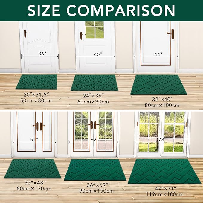 hicorfe Front Door Mat Outside Entrance,24"x35" Absorbent Muddy Dirt Resist Welcome Door Mats Outdoor Indoor,Stain and Fade Resistant,Non Slip Backing Entry Mat Doormat for Entryway (Evergreen)