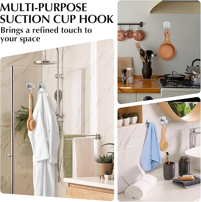Suction Cup Hooks for Shower - Reusable No-Drill Mounting - Hooks for Towels, Robes & Loofah on Metal, Glass, Mirrors, Tile & Smooth Non-Porous Surfaces (2, Chrome Polished)