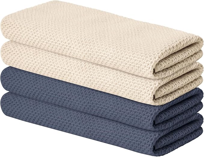 Artoid Mode 100% Cotton Beige Dark Grey Waffle Weave Kitchen Dish Cloths, 13x28 Inch Ultra Soft Absorbent Quick Drying Kitchen Dish Towels Set of 4, Multicolor