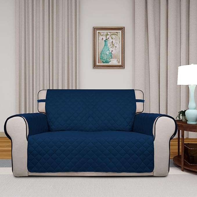 PureFit Reversible Quilted Sofa Cover, Water Resistant Medium Slipcover Furniture Protector, Washable Couch Cover with Non Slip Foam and Elastic Straps for Kids, Pets (Loveseat, Navy/Navy)