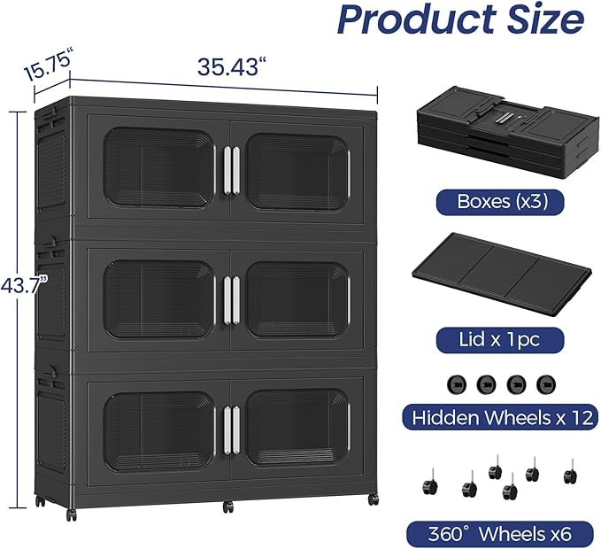 150GAL Extra Large Storage Bins with Lid, 600QT Storage Bins with Wheels, Folding Closet Organizer, Stackable Collapsible Plastic Storage Containers for Home, Office, Dorm, 3Pack Black