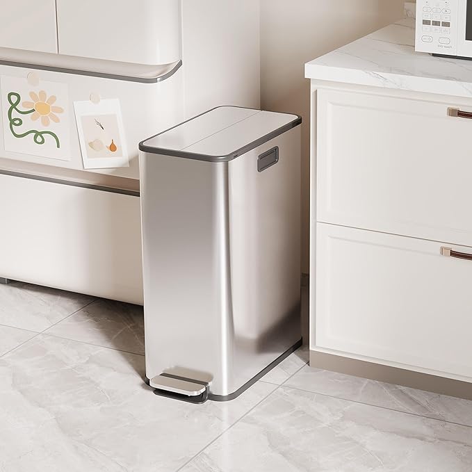 2 x 7.4 Gal (2 x 28L) Slim Trash Can, Stainless Steel Dual Compartment Step-On Recycling Bin with Butterfly Lids & Removable Plastic Inner Buckets for Kitchen, Home, Office