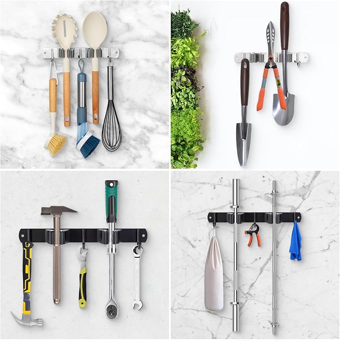 voze 2 Racks and 3 Hooks Mop and Broom Holder Wall Mount, Self Adhesive Heavy Duty Broom Organizer Storage Tool Racks for Kitchen Garden Laundry Garage