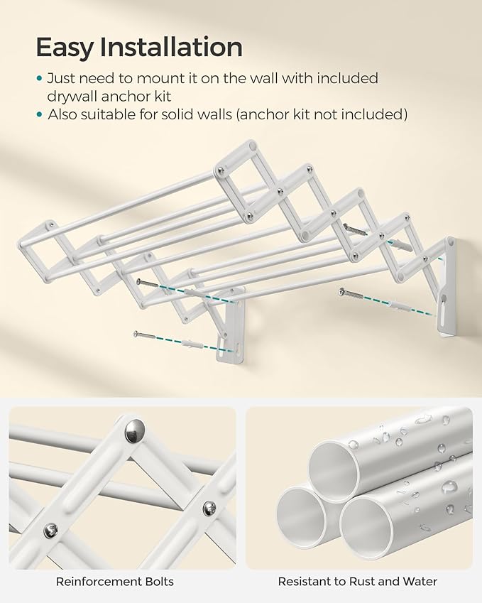 SONGMICS Clothes Drying Rack, Wall-Mounted Drying Rack Clothing, Small Accordion Laundry Rack, 9 Staggered Hanging Rods, Expandable and Retractable, Cloud White ULLR802W01