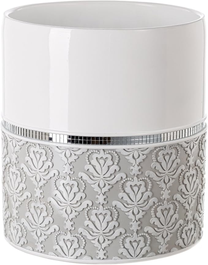 Creative Scents Mirror Damask White and Gray Bathroom Accessories Set - 6 Piece Bathroom Accessory Set Includes: Trash Can, Tissue Box Cover, Soap Dispenser, Soap Dish, Toothbrush Holder & Tumbler