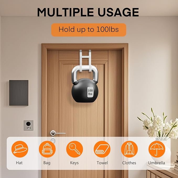 FYY Over The Door Hooks - 2 Pack Heavy Duty Dual-Hook Organizer Hanger with Non-Slip Rubber for Towels, Clothes, Hats & Bags Use in Bathroom, Bedroom, Kitchen - Fits Interior Doors Up to 1 3/8" White