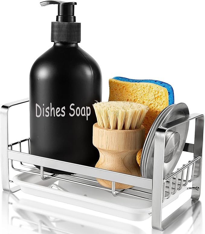 TEZZ Sponge Holder for Kitchen Sink, Stainless Steel Kitchen Storage Sink Caddy for Organizing Sponge, Brush & Dish Soap Dispenser, Sink Organizer Rack with Adhesive or Counter top, Silver