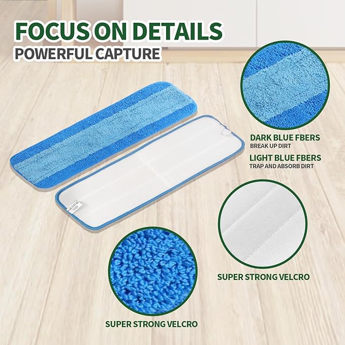 6 Pack Microfiber Cleaning Pads for Bona Mop, Reusable Microfiber Mop Pads for 18 Inch Mop, Hardwood & Hard Surface Floors Replacement Cleaning Mop Pads, Machine Washes