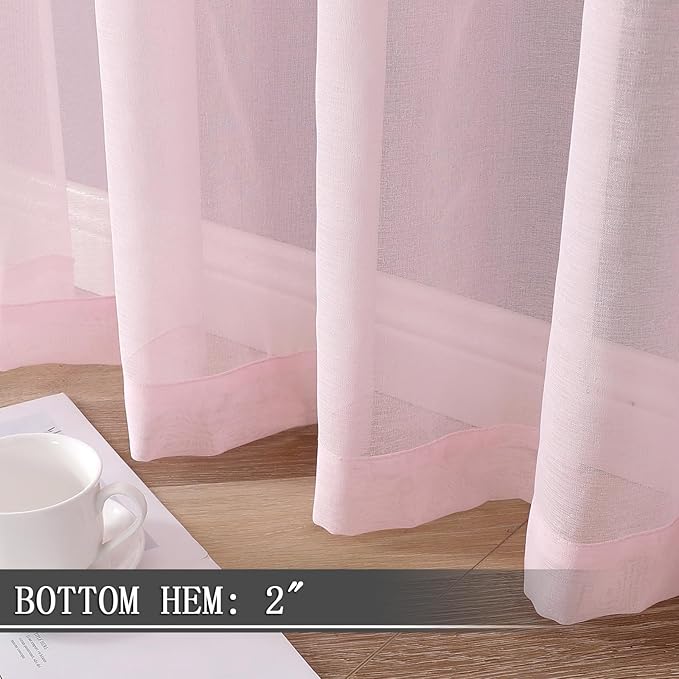 Tollpiz Short Sheer Curtain Living Room Linen Textured Curtains Sheer Light Filtering Voile Rod Pocket Curtain for Bedroom, 38 x 54 inches Long, Pink, Set of 2 Panels