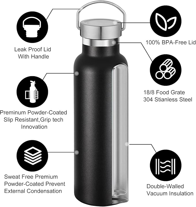 Neihepal Black Stainless Steel Water Bottles,20 Ounce Vacuum Insulated Double Wall Travel Bottle with Leak Proof Lid of Handle,Metal Reusable Standard Mouth Flask Thermoses for School,Hikers,Gift