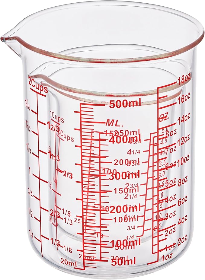 3 Piece Glass Measuring Cup Set, Includes 1/2-Cup, 1-Cup, and 2-Cup High Borosilicate Glasss Liquid Measuring Cups, Dishwasher, Freezer, Microwave, and Preheated Oven Safe, Essential Kitchen Tools