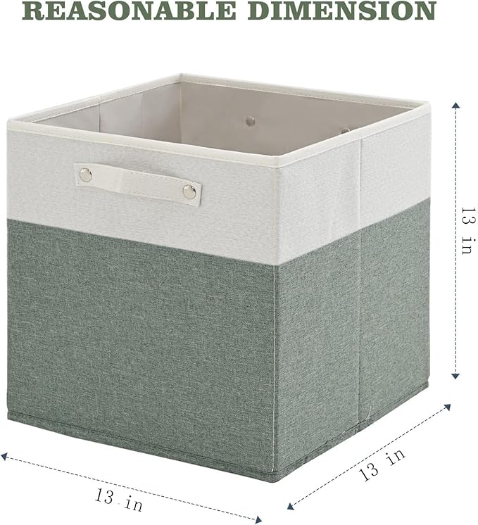 13 x 13 Inch Fine Linen Storage Bins with Handles，Fabric Cube Boxs，Collapsible Basket Organizers for Shelves for Home, Closet Drawers (White/Green-6 Pack)