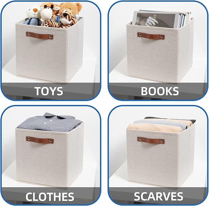 Temary Cube Storage Bins 12 Inch Storage Cubes 4PCs Fabric Organizer Bins Boxes with Handles, Sturdy Collapsible Closet Storage Organizer for Shelf, Bedroom, Cabinet (Beige, 12 x 12 x 12)