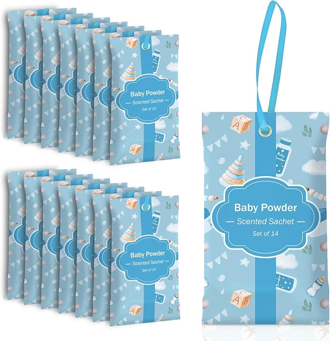 SCENTORINI Scented Sachets for Drawers and Closets, Baby Powder Scent 14 Pack, Long-Lasting Sachets Bags Wardrobe Freshener, for Drawers, Closets, Cars