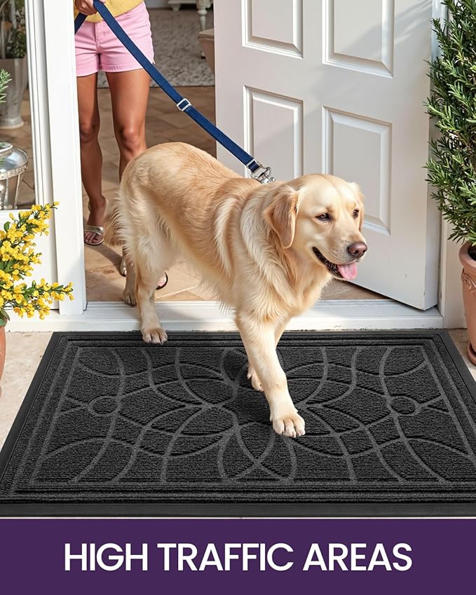DEXI Front Door Mat Outside Entrance, Heavy Duty Non Slip Low Profile Doormat for Entryway, Trap Dirt and Moisture Welcome Mats, Easy Clean, Patio, Garage, 17x29, Grey