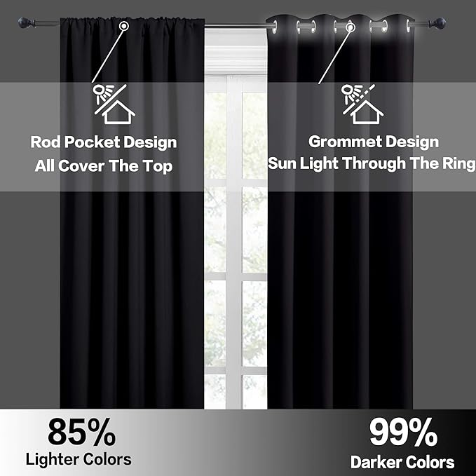 RYB HOME Small Curtains for Kitchen Window - Blackout Privacy Portable Curtain Set for Bedroom Office Bathroom Basement Garage Storage Enclosure RV Bunk, W 34 x L 30 inch, Black, 2 Pcs