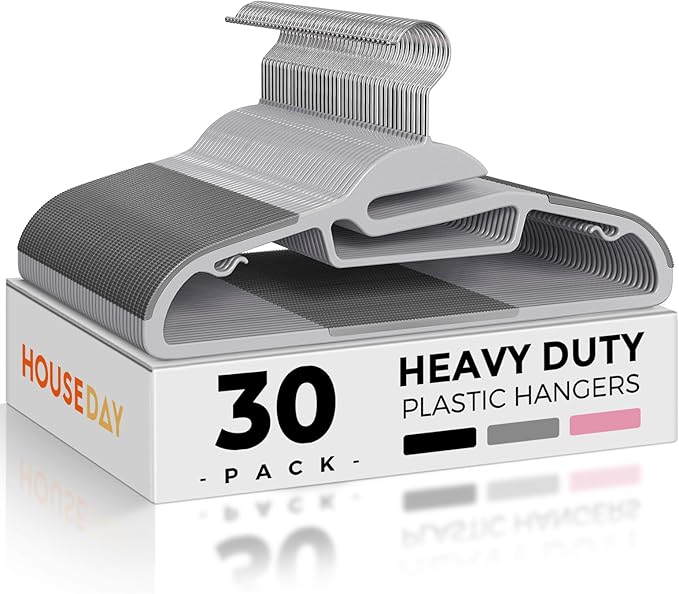 HOUSE DAY Grey Plastic Hangers 30 Pack, Slim Space Saving, Non Slip Clothes Hangers with Rubber Pads, Sturdy Heavy Duty Coat Hanger for Closet, S-Shaped Hanger for Shirt, Suit, Pant, Skirt