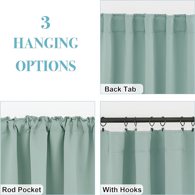 RYB HOME Blackout Curtains for Bathroom - Thermal Insulated Light Block Window Curtains, Back Tab & Rod Pocket Style for Kitchen Dining Kids Bedroom Basement, Wide 42 x Long 36, Aqua, 2 Panels