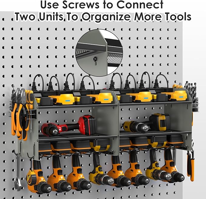 CCCEI Set Power Tool Organizer Wall Mount with Charging Station. Garage 4 Drill Storage Shelf with Hooks, Heavy Duty Metal Tool Battery Charger Organizer. Shop Utility Rack with Power Strip Grey.