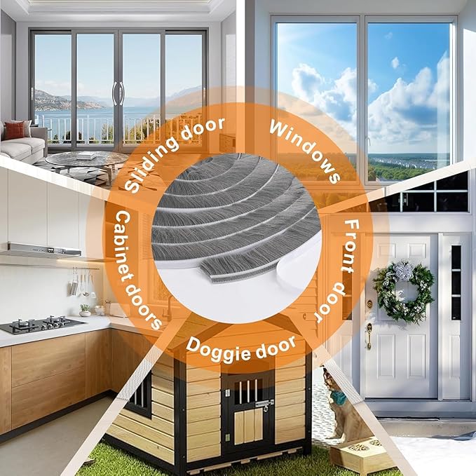 16.5FT Brush Weather Stripping, Neat Pile Self Adhesive Seal Strip for Windows and Door, Brush Weatherstrip for Soundproofing, Windproof, Dustproof, Stronger Stickiness,0.35'' Wide x 0.2'' Thick,Grey
