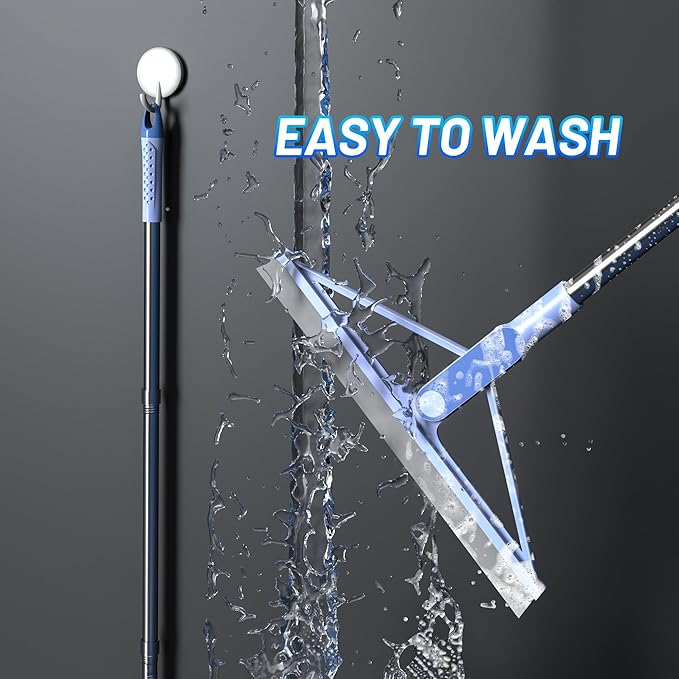 KOLLIEE Rubber Floor Squeegee Broom 61'' Long Handle Shower Squeegee for Floor with 120° Adjustable Head for Tile Concrete Deck Bathroom Window Garage