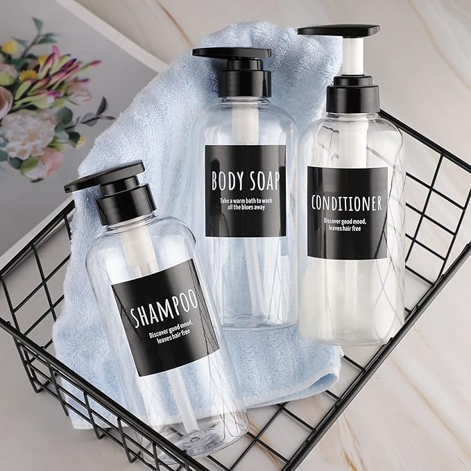 Segbeauty 3pcs Refillable Shower Bottles, 500ml Each - Large Plastic Dispensers with Pump for Shampoo, Conditioner, Soap or Lotion