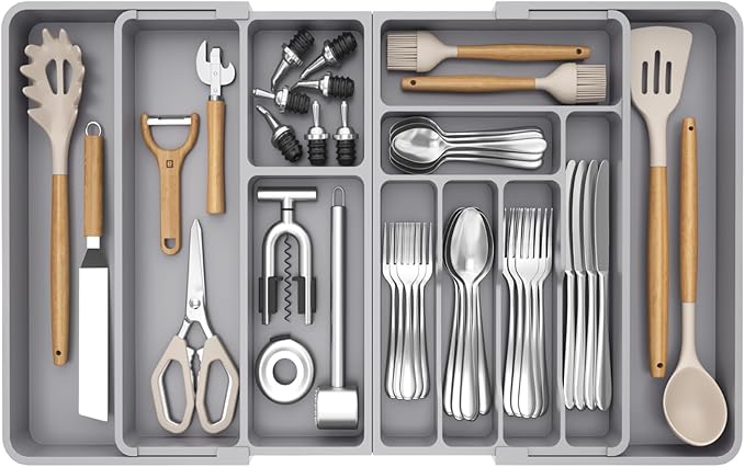 Lifewit Large Silverware Drawer Organizer, Plastic Cooking Utensil Tray for Kitchen, Expandable From 21 to 36 Inches, Adjustable Flatware Cutlery Spoon Fork Knife Spatula Gadgets Holder, Gray
