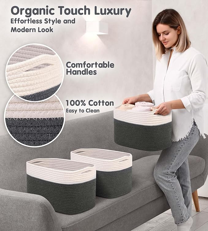 CHAT BLANC Cotton Rope Baskets for Organizing | Storage Baskets for Shelves | Rope Basket for Storage, Small Laundry Baskets, Woven Baskets for Storage, Dog Toy Bin, Baby Basket, White&Graphite 3 Pack