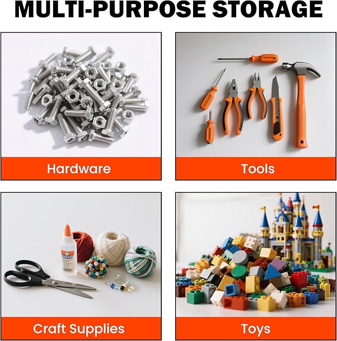 Ultrawall Wall Mounted Storage Bins, Plastic Hanging Storage Organizer Bins, Garage Tool Storage System for Screws, Nuts, Bolts, Nails, and Small Hardware Parts, 16x bins & 4 x rails, Orange