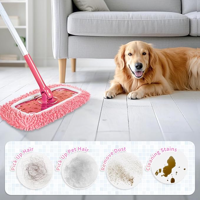 8 Pack Reusable Mop Pads Compatible with Swiffer Sweeper, Microfiber Chenille Washable Swiffer Mop Pads, Dry & Wet Sweeping Mopping Cloths (Pink)